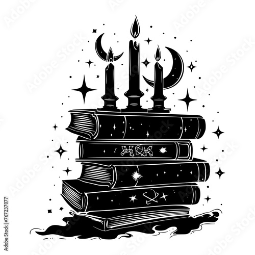 Black and white illustration of a stack of ancient books and candles under a starry sky, magical study and wisdom.