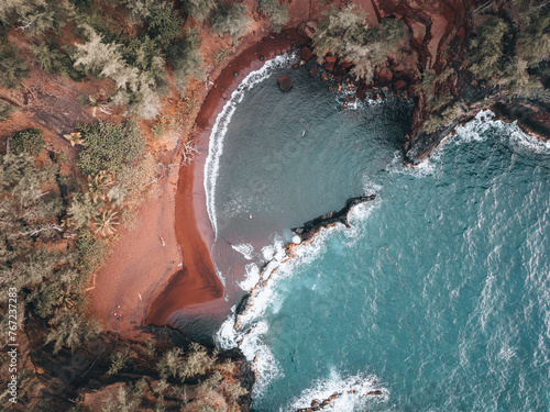 Fototapeta Naklejka Na Ścianę i Meble -  Hawaii red sand beach from a drone