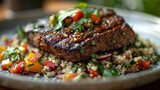 A plate of grilled steak on quinoa and vegetables.