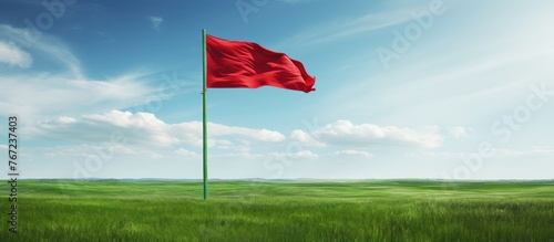 Red flag flapping on green meadow