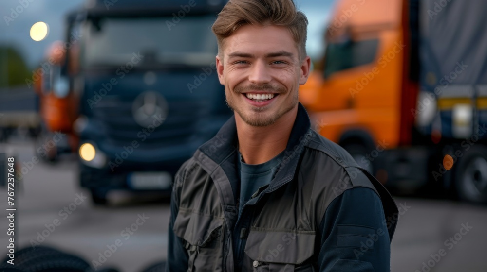 Business distribution and fast safe logistics Active happy adult man. Close-up portrait of male truc Business distribution and fast safe logistics Active happy adult man. Close-up portrait of male truc