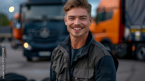Business distribution and fast safe logistics Active happy adult man. Close-up portrait of male truc