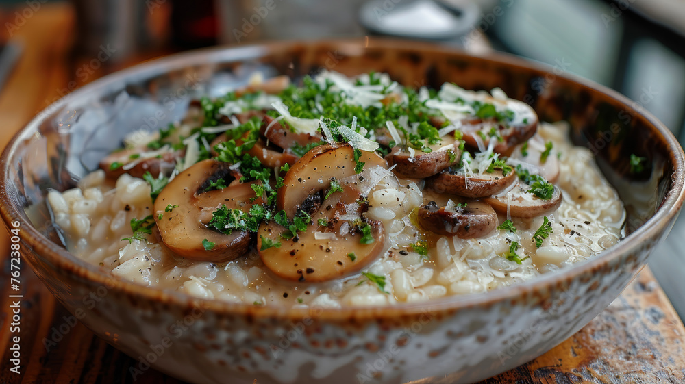 A bowl of risotto with mushrooms and parsley garnish.