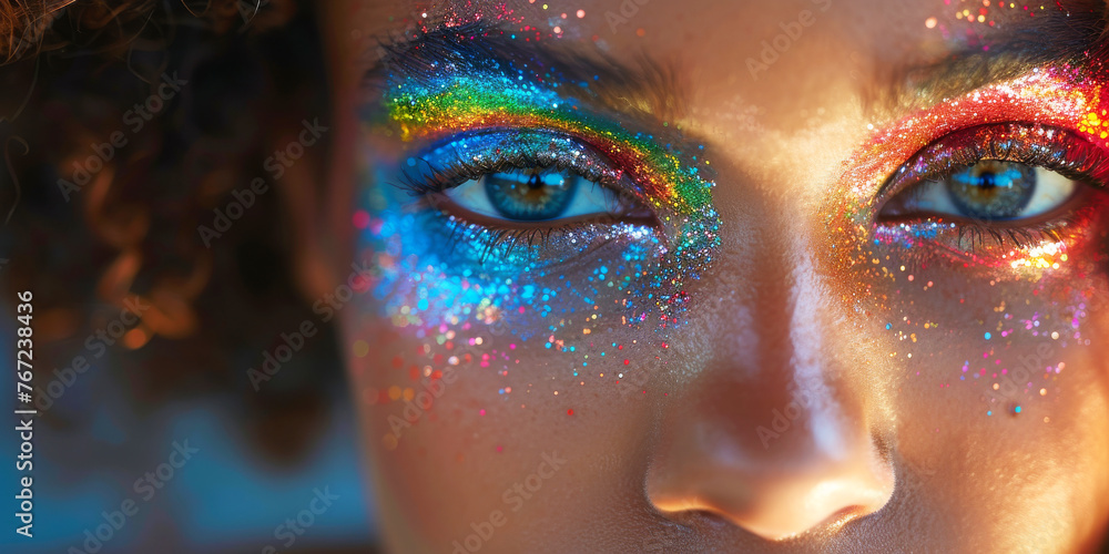 Close up of a woman's eye gazing forward with striking, colorful glitter eye makeup in celebration of LGBTQ+ pride, Love acceptance and diversity