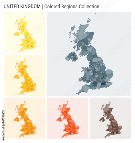 United Kingdom map collection. Country shape with colored regions. Blue, Grey, Yellow, Amber, Orange, Deep Orange, Brown color palettes. Border of United Kingdom with provinces for your infographic.