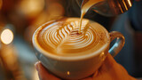 A barista pouring latte art into a cup.