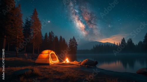 Camping under starry sky beside a lake