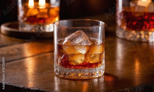 Whiskey on the rocks with ice and lemon, selective focus
