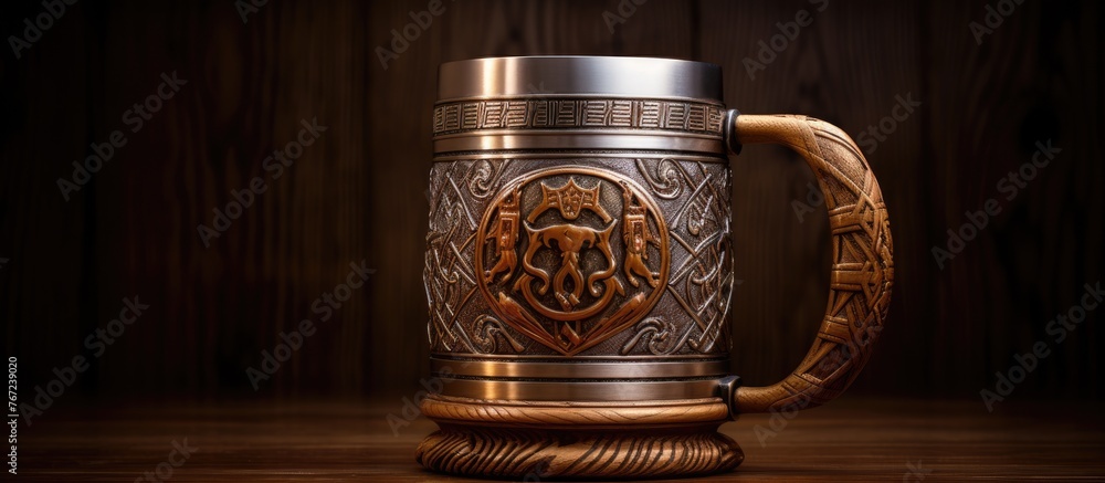Close up of metal-handled wooden mug