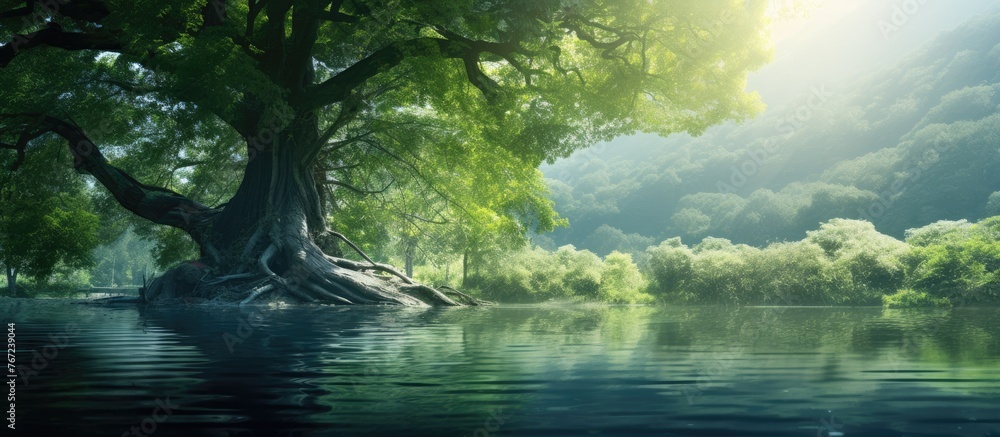 A tree standing in a lake with a mountain backdrop A tree standing in a lake with a mountain backdrop