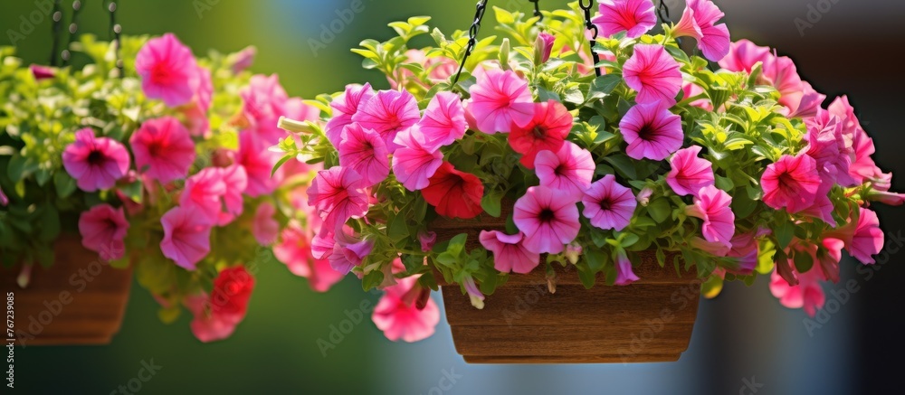 Wooden planter with pink flowers hanging