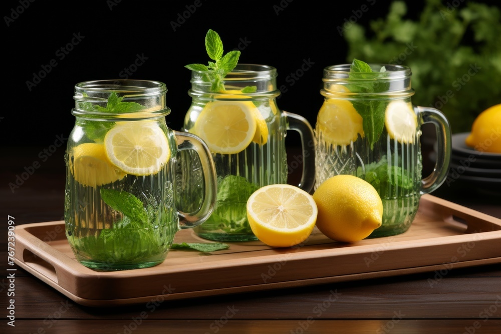 Homemade lemonade in mason jars with ice and lemon slices for a refreshing summer drink Homemade lemonade in mason jars with ice and lemon slices for a refreshing summer drink