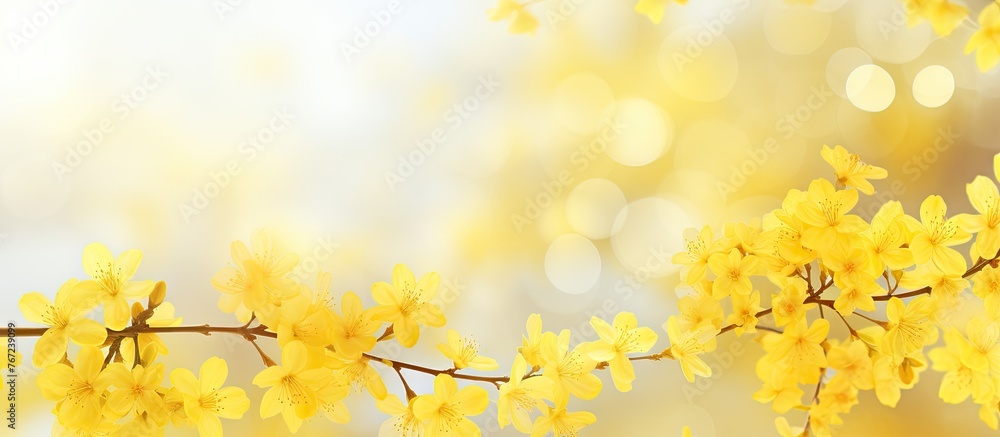Yellow flowers on a branch with a blurry background Yellow flowers on a branch with a blurry background
