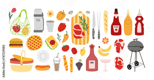 Spring and summer picnic. Set of food: grilled meat, steaks, fruits, fast food. Basket, brazier. Outdoor recreation. Barbecue in nature.