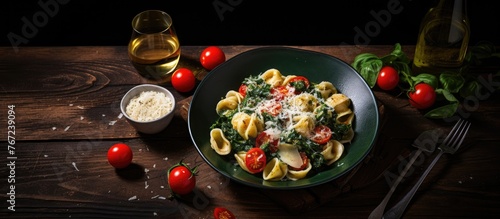A plate of pasta with spinach and tomatoes