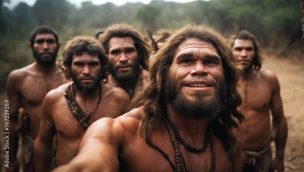 a group of prehistoric cavemen with long stray hair taking a selfie on a modern phone