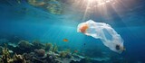 Plastic bag floating in ocean with fish swimming