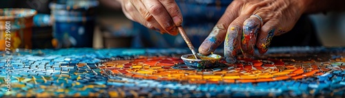 Mosaic artist placing tiles