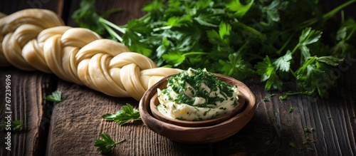 A bowl holding dip topped with various parsley leaves