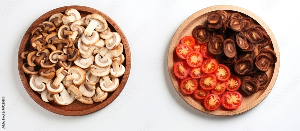 Two wooden bowls filled with mushrooms and tomatoes on white surface Two wooden bowls filled with mushrooms and tomatoes on white surface