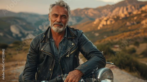 Mature man with motorcycle in nature