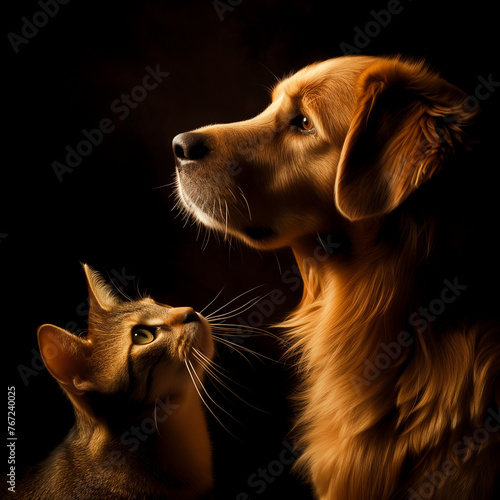 Portrait, Couple, Cat, Dog, Feline, Looking, Inspire, Sense, Dark, Illiminated. FELINES GAZE. Cute animals with the cat observing the dog and this one looking ahead. 3D artistic inspiration. photo