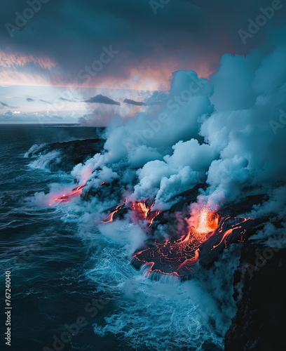 a photo of a volcano on the sea covered in steam and mist as lava pours into the ocean © Sattawat