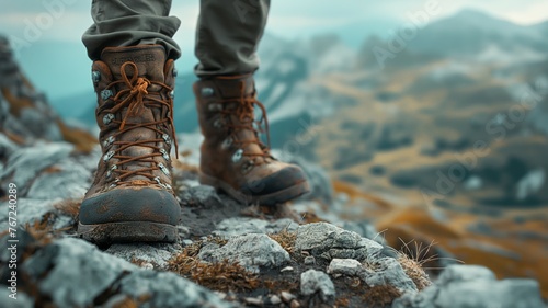 Hiker's boots on mountain peak with misty view