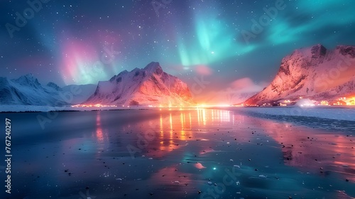 Aurora borealis over the sea, snowy mountains and city lights at night. Northern lights in Lofoten islands, Norway. Starry sky with polar lights. Winter landscape with aurora, reflection, Ai Generated photo