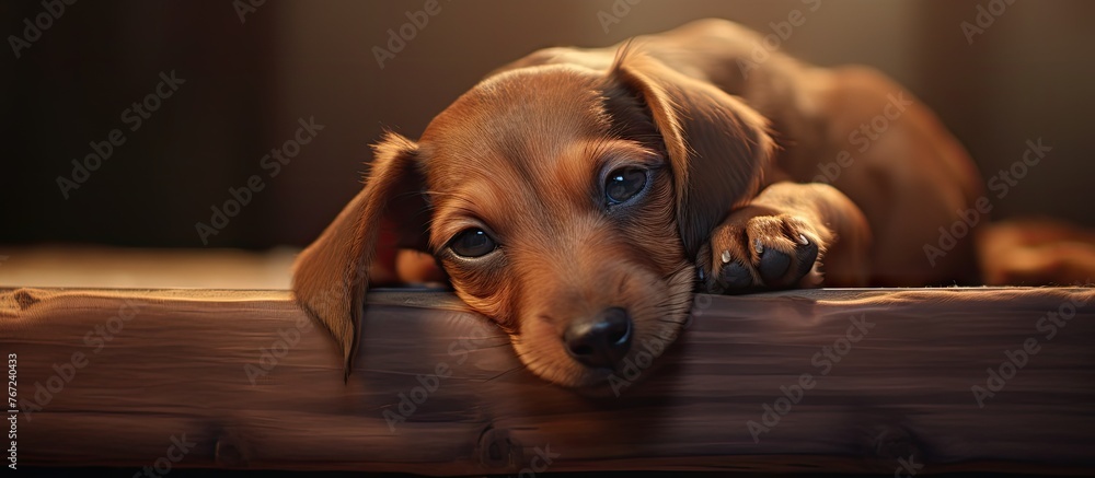 Puppy resting on wooden ledge with head on edge