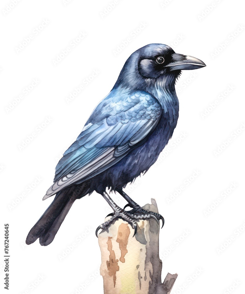 Obraz premium Watercolor illustration of a crow bird isolated on white background.