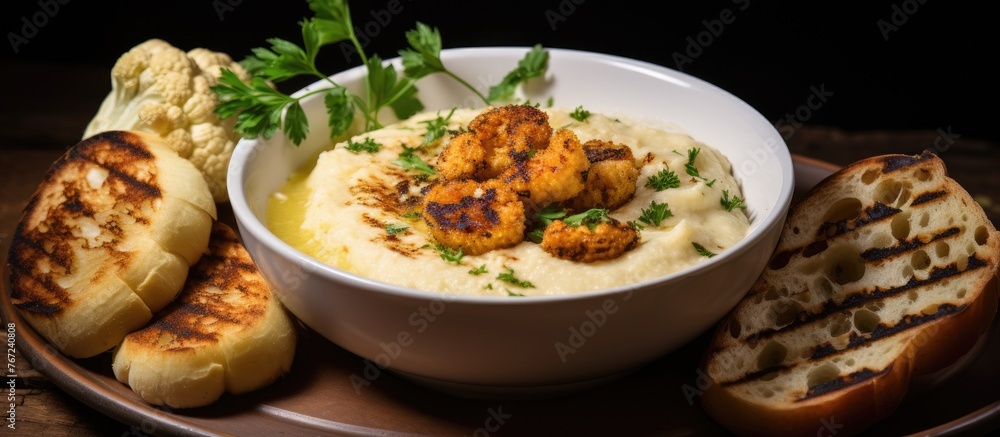 Bowl of food with bread and piece Bowl of food with bread and piece