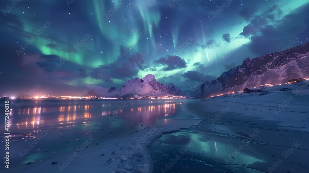 Aurora borealis over the sea, snowy mountains and city lights at night. Northern lights in Lofoten islands, Norway. Starry sky with polar lights. Winter landscape with aurora, reflection, Ai Generated