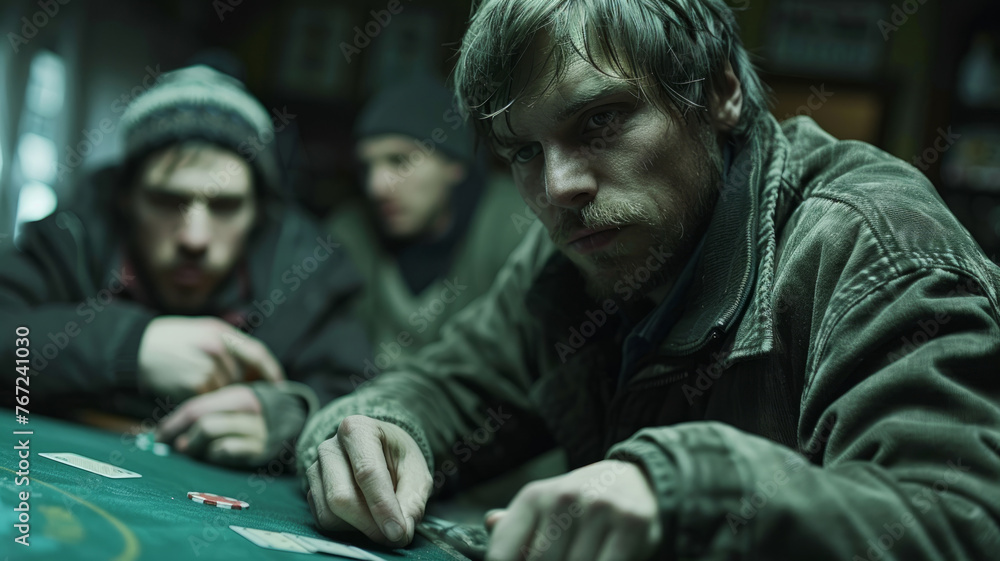 Three men playing cards at a table. Three men playing cards at a table.