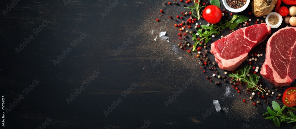 Raw meat with spices and vegetables on a black backdrop - obrazy, fototapety, plakaty 