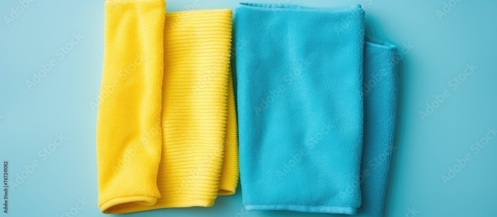 Three towels arranged on blue surface