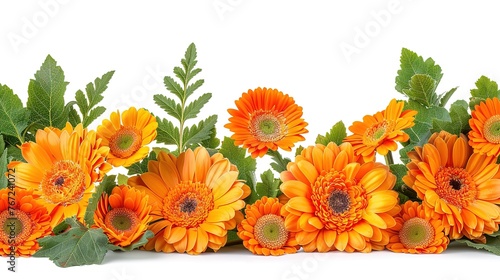 Border of Gerberas and Roses isolated on white background. Arrangement of orange flowers and leaves. ,Generative ai,