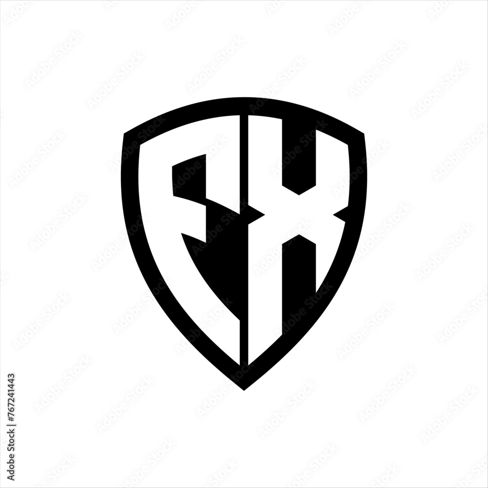 FX monogram logo with bold letters shield shape with black and white color design FX monogram logo with bold letters shield shape with black and white color design