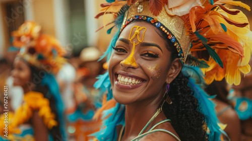 A woman in a carnival costume smiling