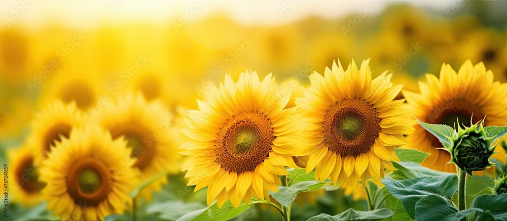 Many sunflowers in a vibrant yellow field