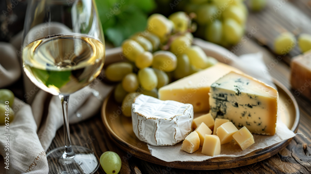 Assorted cheeses with grapes and wine