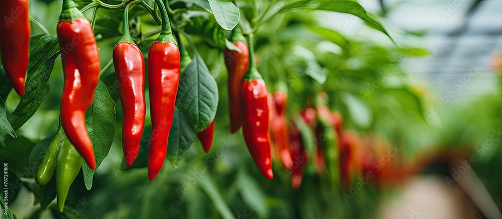 Many red peppers hanging on plant branches Many red peppers hanging on plant branches