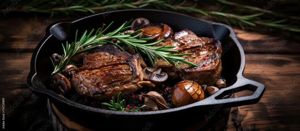 A steak in a skillet with mushrooms and rosemary