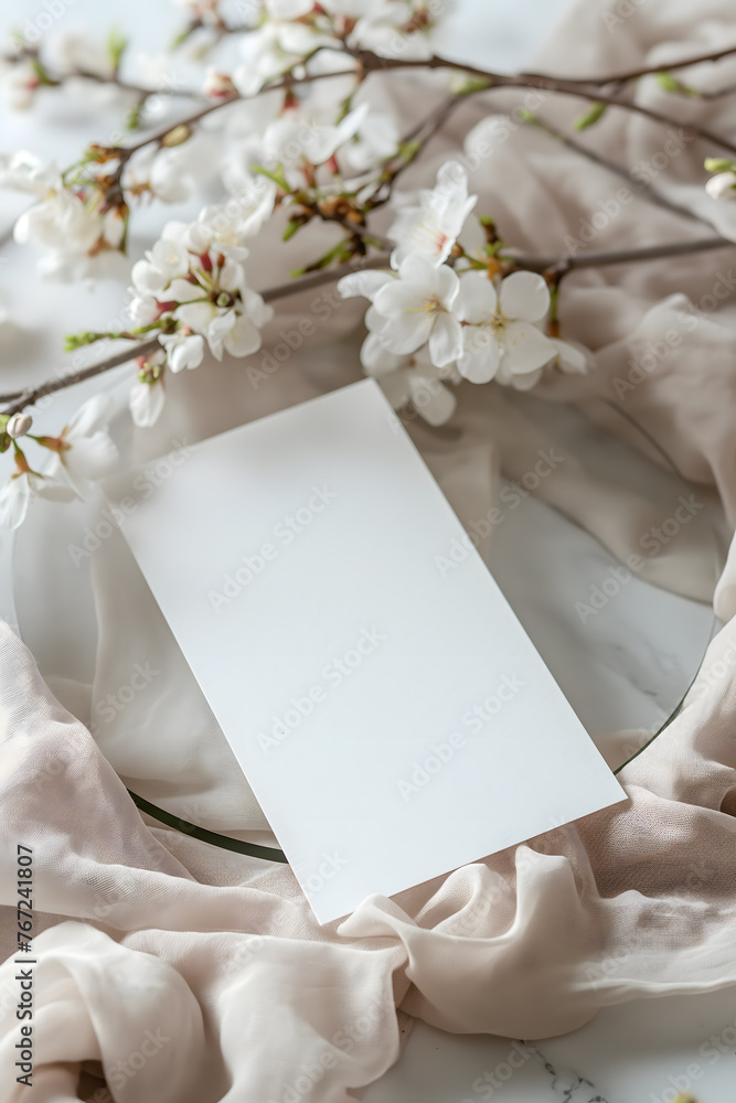 Elegant Blank Greeting Card with Dried Flowers and Glass Plate on Linen Background Elegant Blank Greeting Card with Dried Flowers and Glass Plate on Linen Background