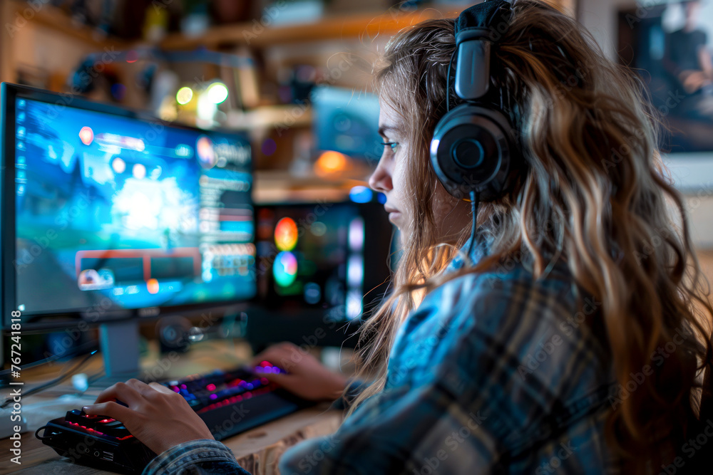 Creative young woman immersed in computer gaming at home