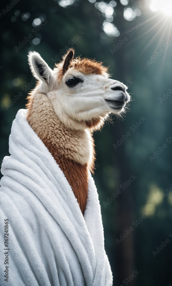 Portrait of a white alpaca wearing a white bathrobe in the mountains