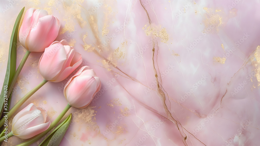 Elegant Pink Tulips on Marble Background with Gold Accents