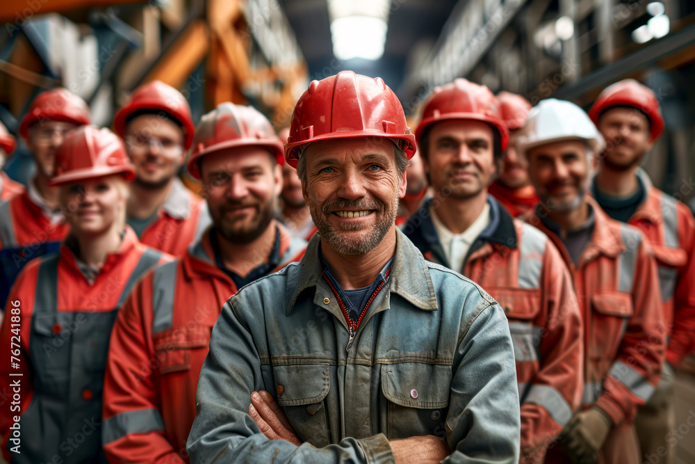 Fototapeta premium Happy construction crew posing for high quality 4k group photo in uniform