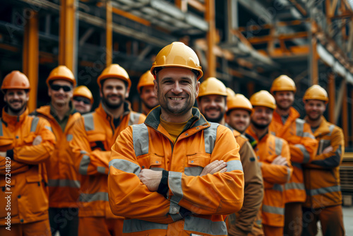 Happy construction crew posing for group photo in high-quality 4K image