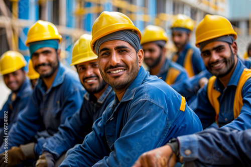 Happy construction crew in uniform posing for high quality 4k group photo